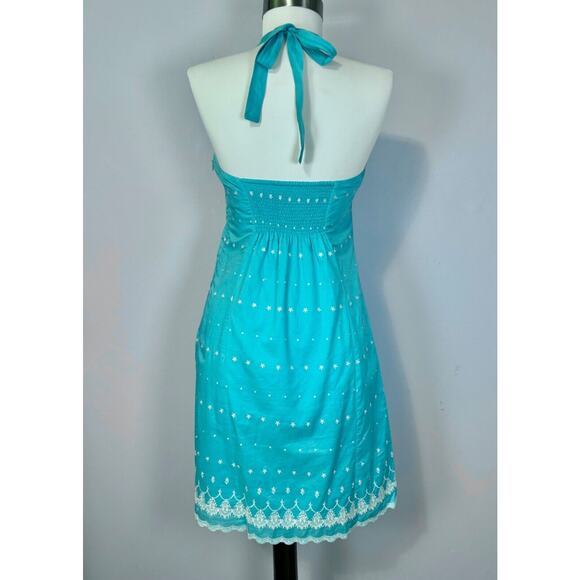 Vintage Tocca Mini Dress sz 2 Blue Embroidered Tie Neck - Picture 5 of 14
